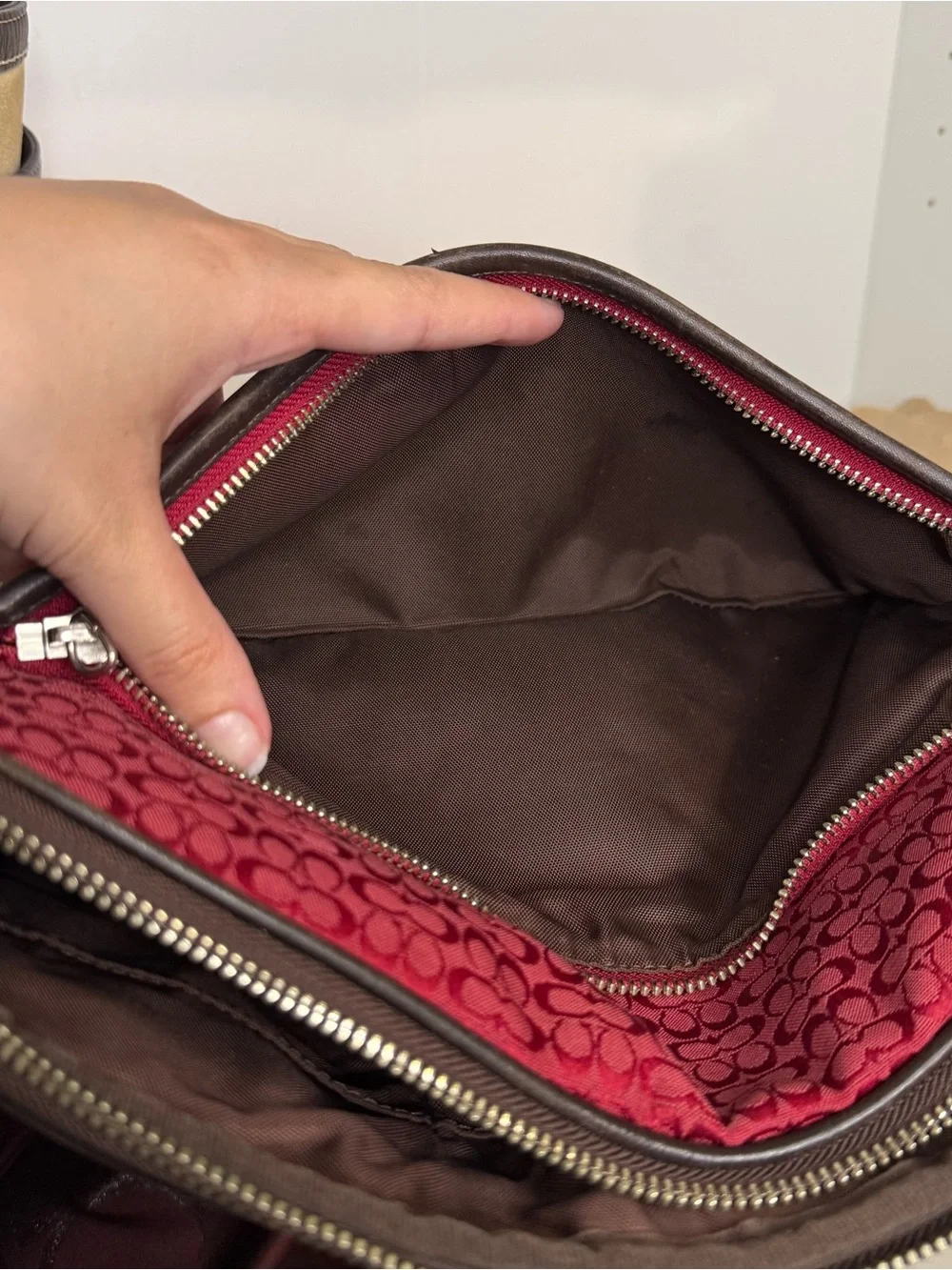 Coach Red Signature Canvas Cosmetic Case with Brown Leather Trim